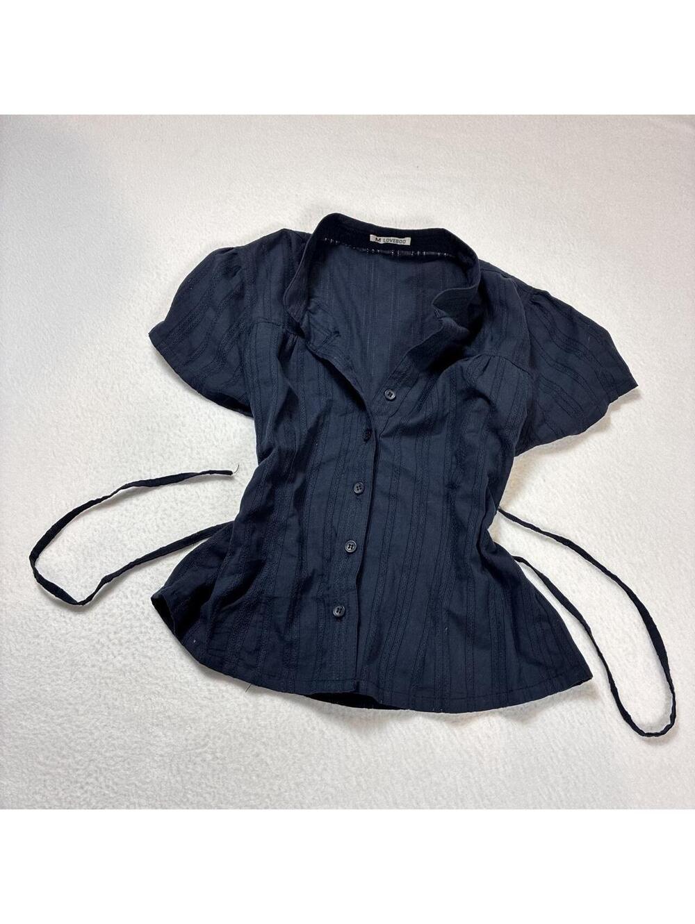 Navy Blue fitted collared button up top with feminine fit and back tie! Loveboo